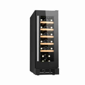 Cave à vin encastrable 19 bouteilles 30cm,  étagères métal noir + frontons bois